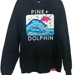 Pink Dolphin men’s Hoodie - Black with Blue and Pink graphic Design